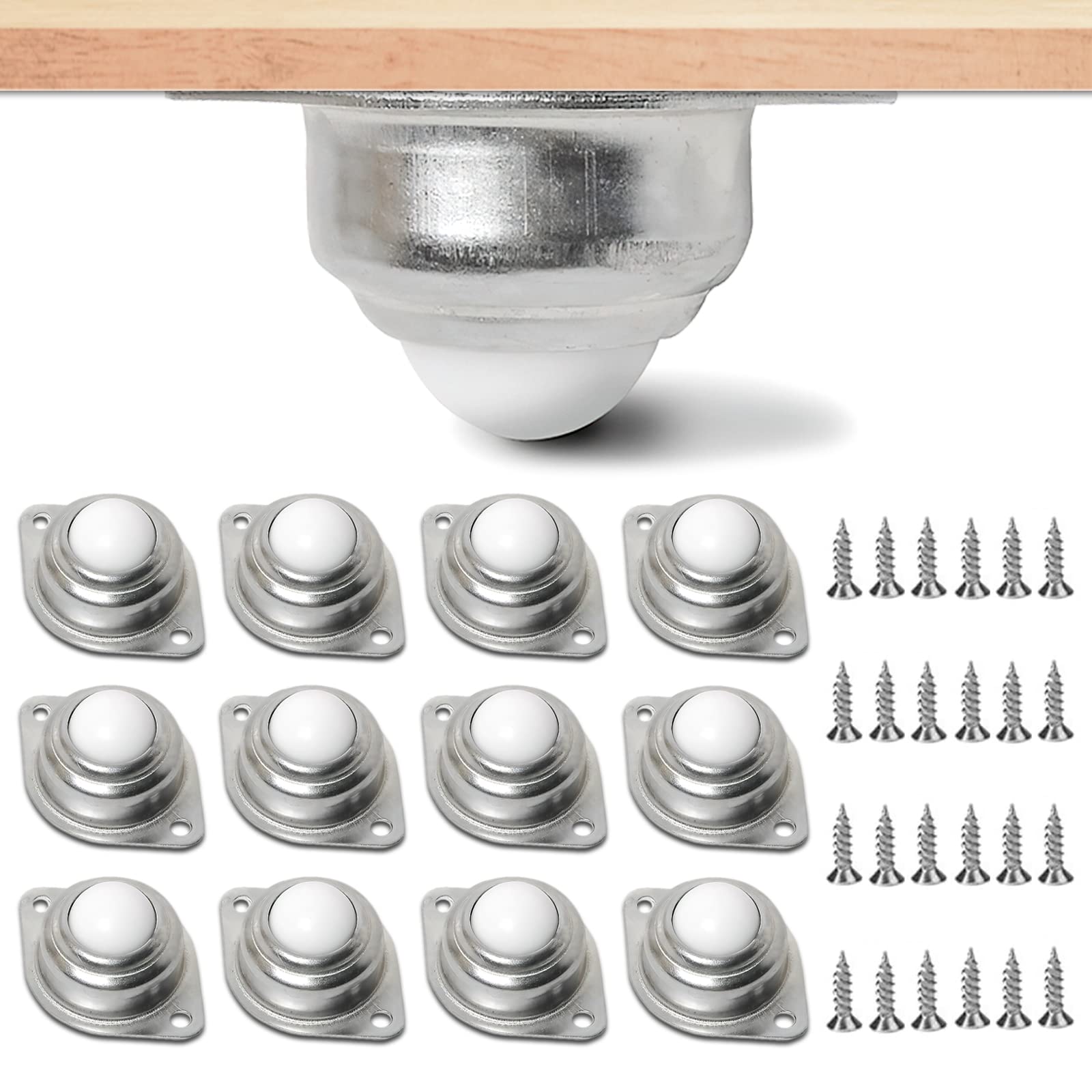 Brelet 12 pcs Universal Wheel Balls,2 Holes Industrial Ball Casters,Ball Transfer Bearing Roller,Castor Balls With Nylon Ball and 24 pcs Screws,for Home, Sofas, Display Cabinets, Shelves, Cabinets