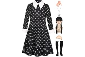 Enccfoeo Kids Halloween Costume Girls Black Dress Cosplay with Wig Socks Necklace Hairpin