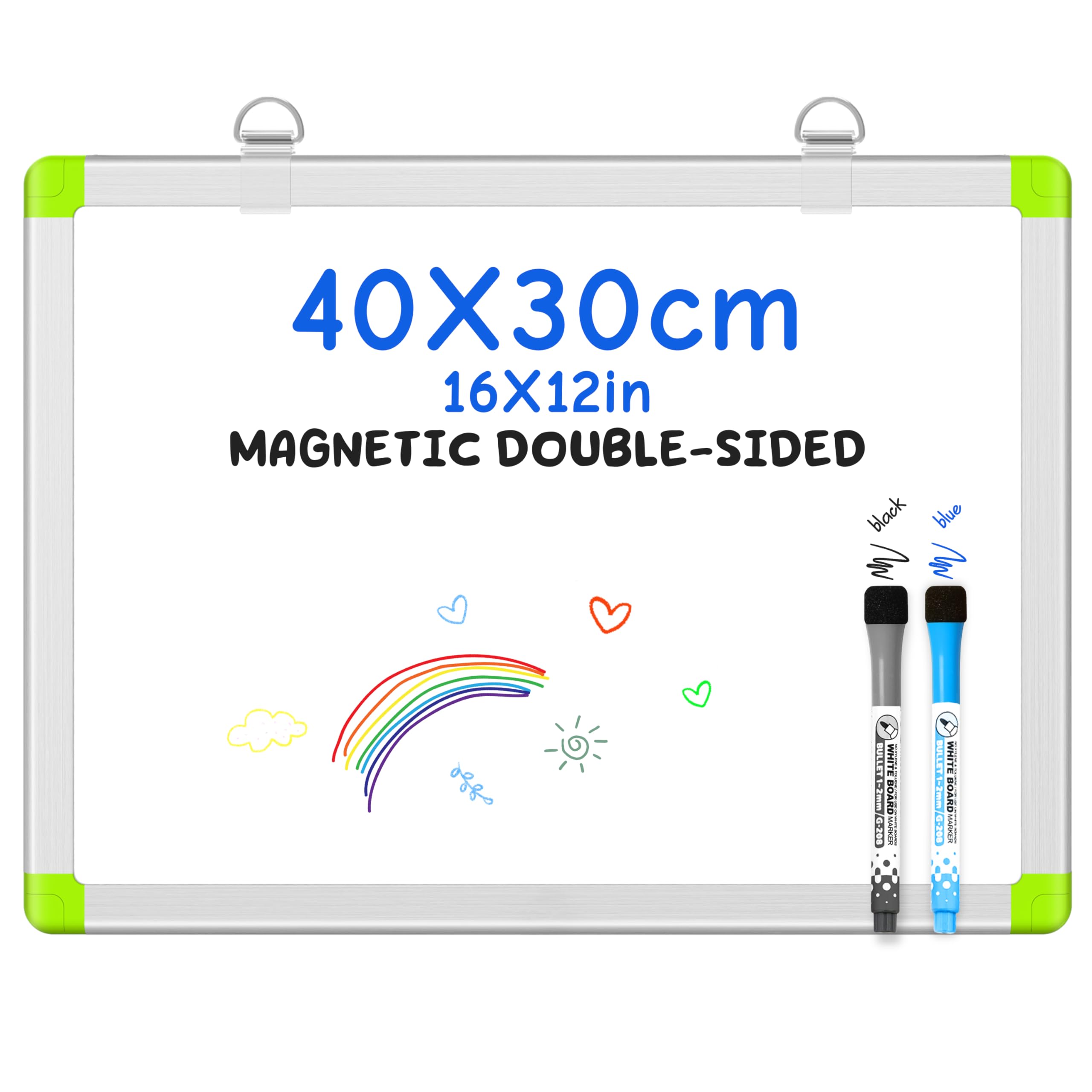 CUHIOY Small Whiteboard for Wall Hanging A3, 30 x 40 cm Magnetic Double Sided White Board with Aluminum Frame, Portable Whiteboards Drawing Writing for Kids Student Classroom Kitchen, 2 Marker Pens