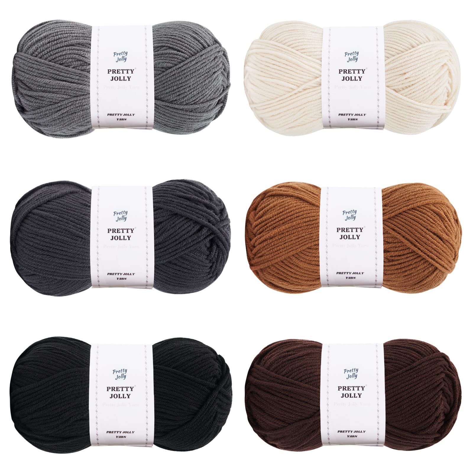 Pretty Jolly 300g Soft Assorted Colors Yarn, Sport Weight,100% Acrylic, 4 Ply, Bonbons Yarn for Crochet & Knit, DIY Project Starter Kit for Kids or Adults(6×132m) (BrownGrey Department)