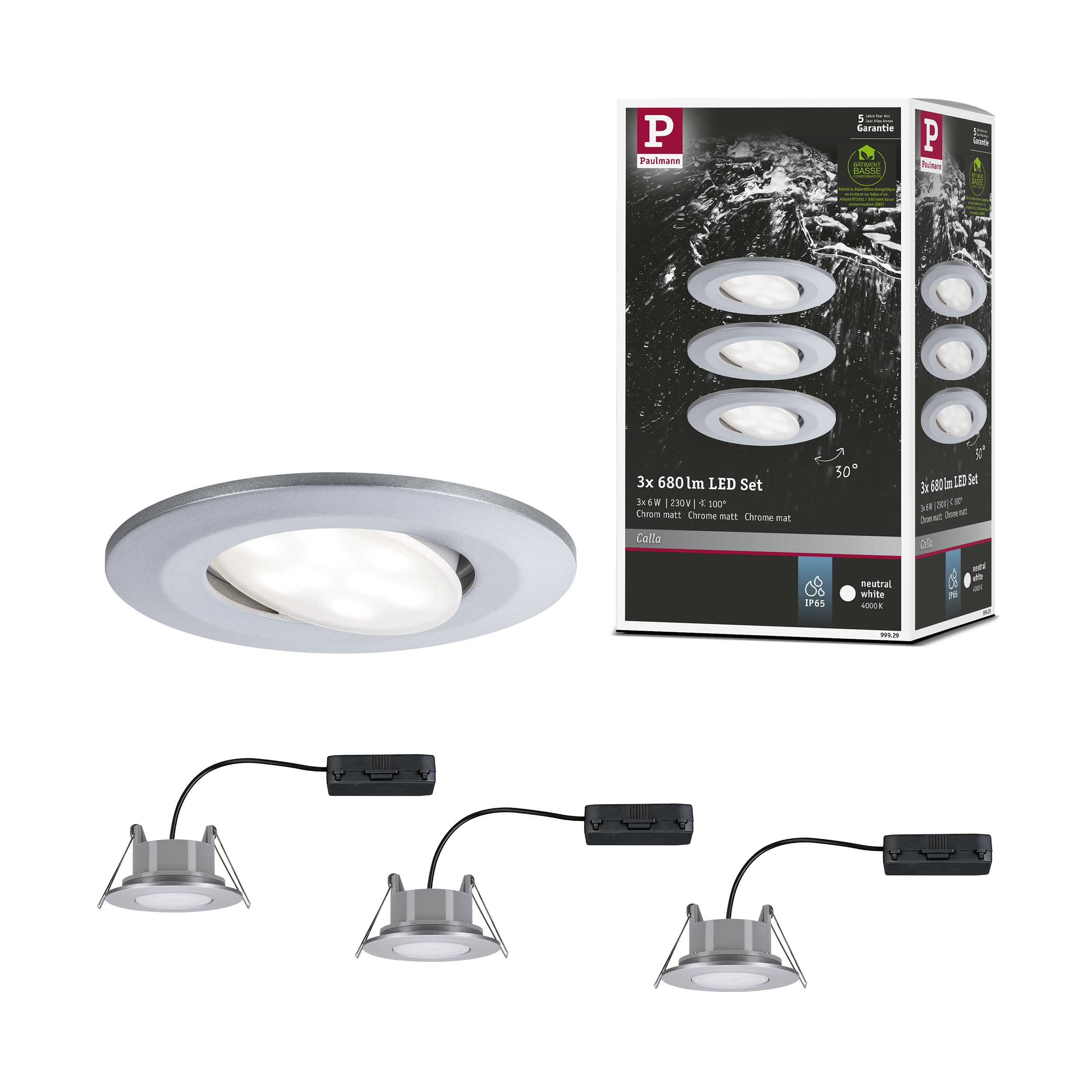 Paulmann 99929 Calla LED recessed luminaire Round Set of 3 incl. 3x6W IP65 recessed Spotlight Chrome matt Cabinet Light Plastic recessed lamp 4000K