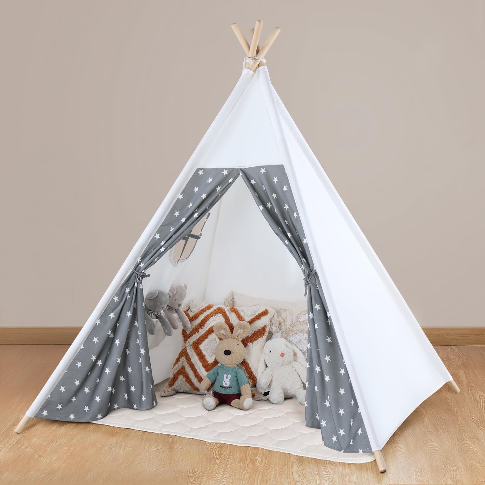 Photo 1 of Teepee Tent for Kids Slumber Party with Mat & Light & Carry Case - Kids Cotton Canvas Play Tee Pee Tent Indoor Outdoor Folding for Boys and Girls Gift - Tipi Play House Garden Picnic Tents Child