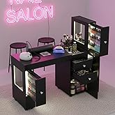 Kikihouse Manicure Table with Dust Collector &amp; LED Display Cabinet, Nail Desk for Nail Tech with Drawers, Storage, Lockable Wheels, Wrist Rest, Acetone-Resistant Nail Table for Salon &amp; Home