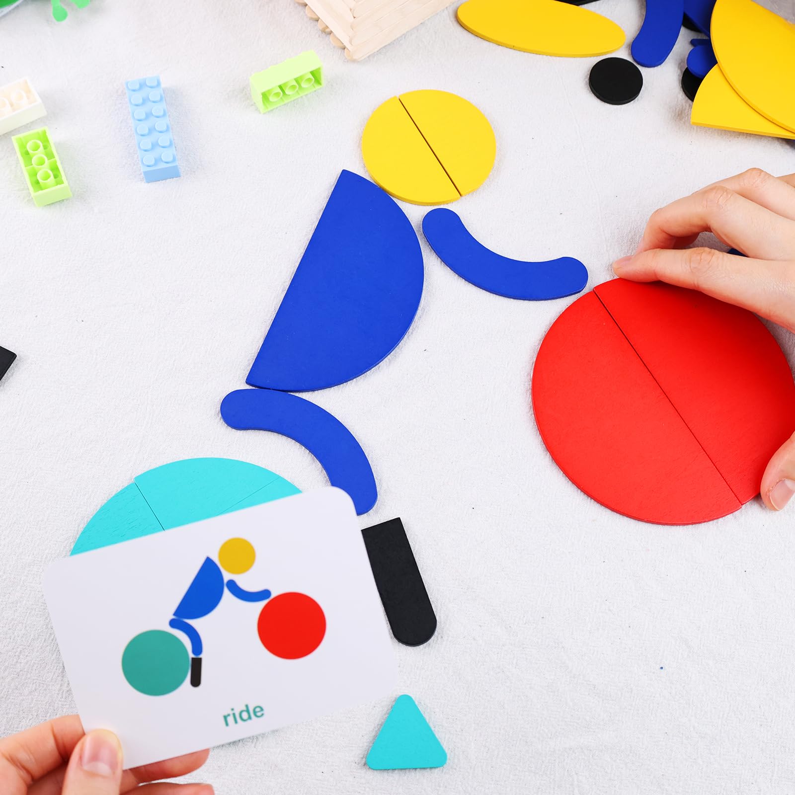 LovesTown 36 Wooden Pattern Blocks with 60 Cards, Open Ended Wooden Shape Puzzles Montessori Preschool Education Toy Tangram Shape Puzzle for Toddler Kids