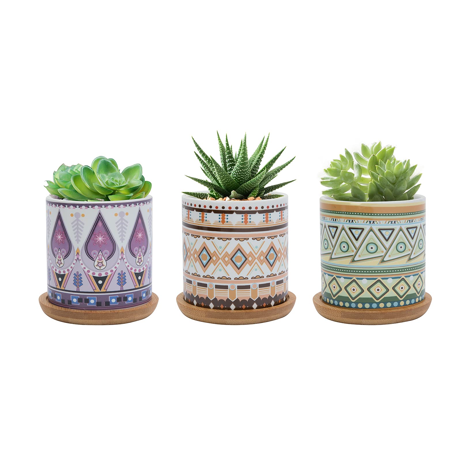 FORAGIFT 7.5CM Succulent Plant Pot, Ceramic Colorful Pattern Cactus Plants Pot, Small Plant Pots for Indoor Outdoor Plants with Bamboo Tray, and Great for Home Office Decor, Set of 3