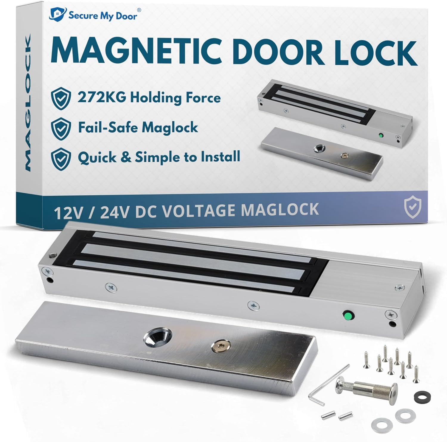 SecureMyDoor - Stainless Steel Magnetic Door Lock + Z L Fixing Bracket | Fail Safe Maglock for Access Control Systems with Strong Holding Force | Mini Magnet with Monitored Status LED (Maglock Only)