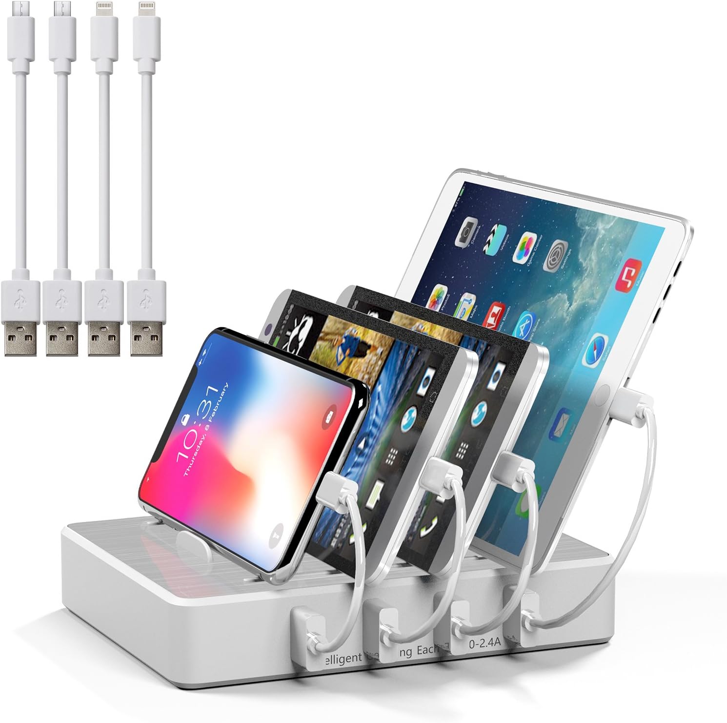 IMLEZON Multi Device Charging Station with Cables 4 Port 5V 40W Multiple Port USB Charger Station for Multiple Devices (White)