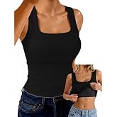 GKBK Womens Built in Bra Tank Ribbed Going Out Square Neck Racerback Tops | Light Padding, Sexy, Basic, Workout, Everyday Wear