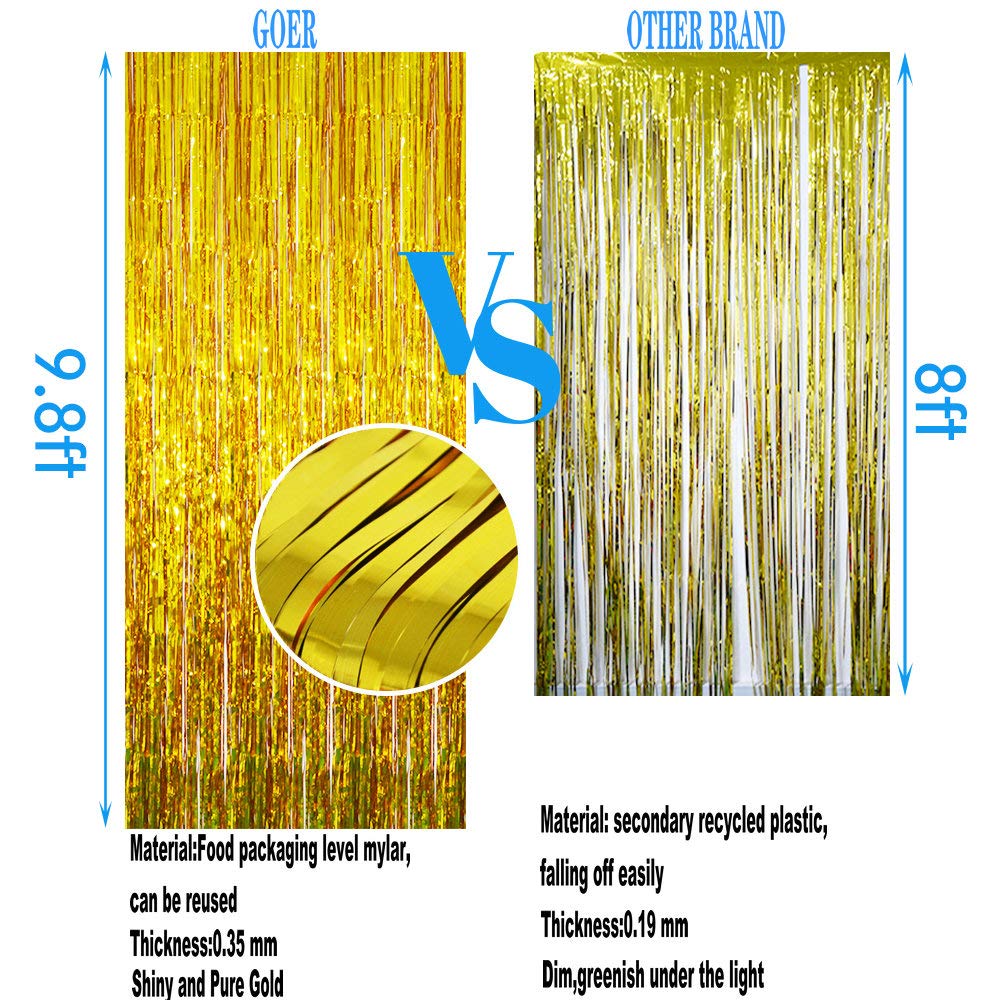GOER 6.4 ft x 9.8 ft Metallic Tinsel Foil Fringe Curtains,Pack of 2 Party Streamer Backdrop for Birthday,Graduation Decorations and New Year Eve (Gold)
