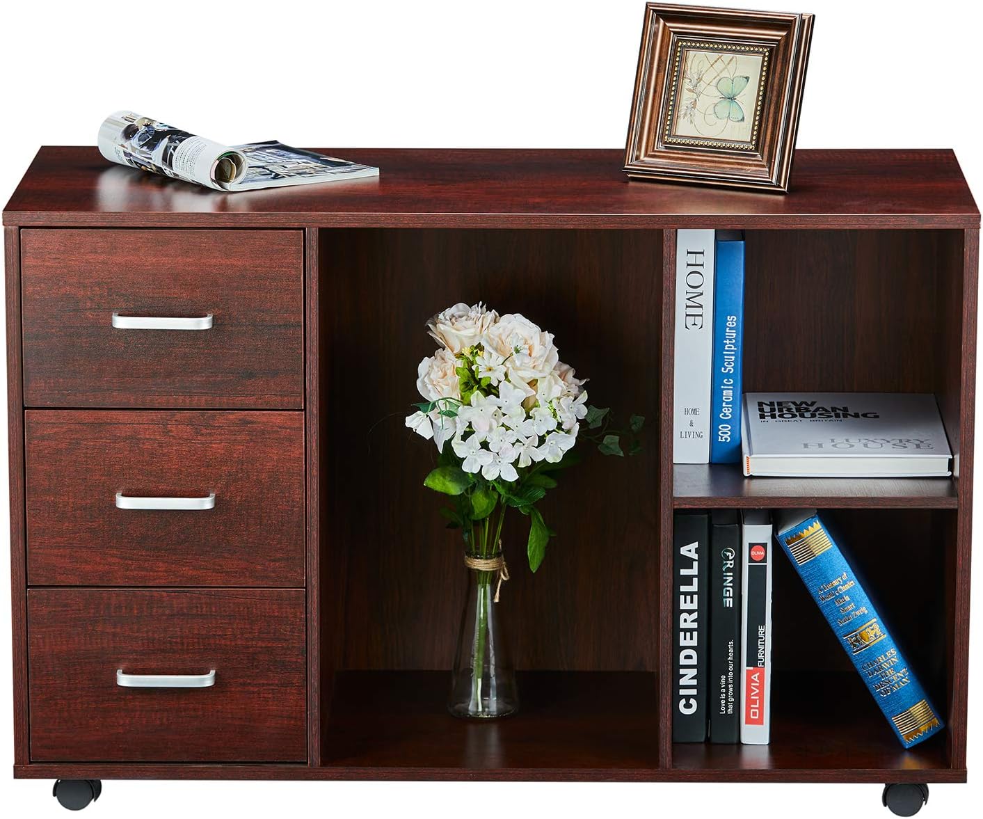 Itaar 3 Drawer Wood File Cabinet Mobile Lateral Filing Cabinet Printer Stand With Wheels Open Storage Shelves For Home Office Study Bedroom Cherry Red Office Products Cjp Org In