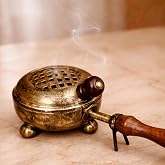 ServDharm Incense Holder Metal Gold Finish (3.3” Diameter) | Incense Burner with Wooden Handle | Loban Dhoop Holder for Home Decor, Puja, Meditation, Yoga, Spa and Gifting