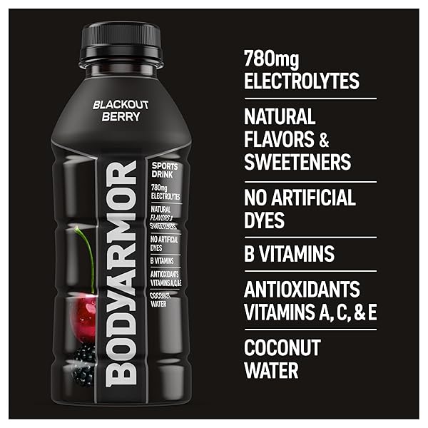 BODYARMOR SPORTS DRINK, BLACKOUT BERRY, ELECTROLYTE DRINK HYDRATION, 16 FL OZ BOTTLES (12 PACK), FLAVORED COCONUT WATER WITH B VITAMINS & ANTIOXIDANTS