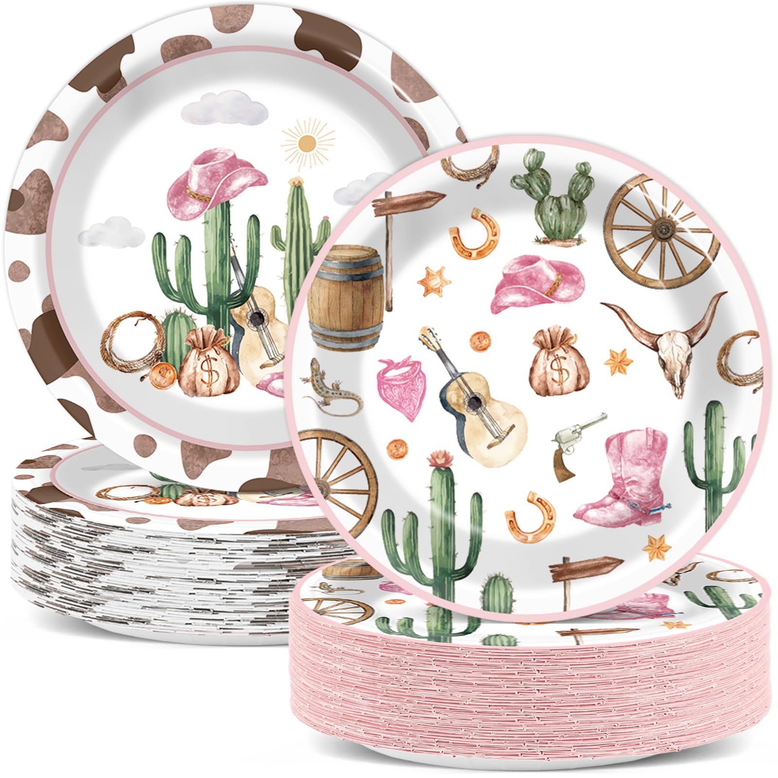 Photo 1 of Naozinebi 100pcs Western Cowgirl Party Paper Plates Cowgirl Party Decorations for Girls Pink Western Theme Dessert Plates Wild West Cow Print Tableware Decor for Baby Shower Rodeo Birthday Serves 100