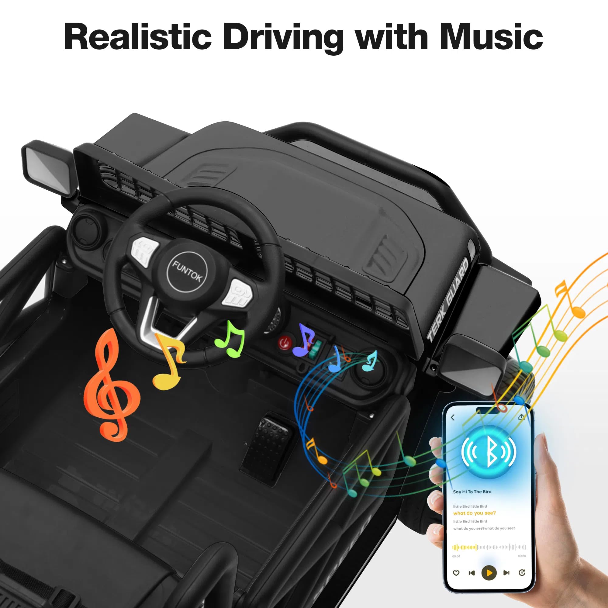 FUNTOK 12V 7AH Ride On Truck, Electric Car for Toddlers 1-3 w/Remote Control, LED Lights, 3 Speeds, Spring Suspension, Soft Start, Bluetooth Speaker, Music Player, Gifts for Boys and Girls (Black)