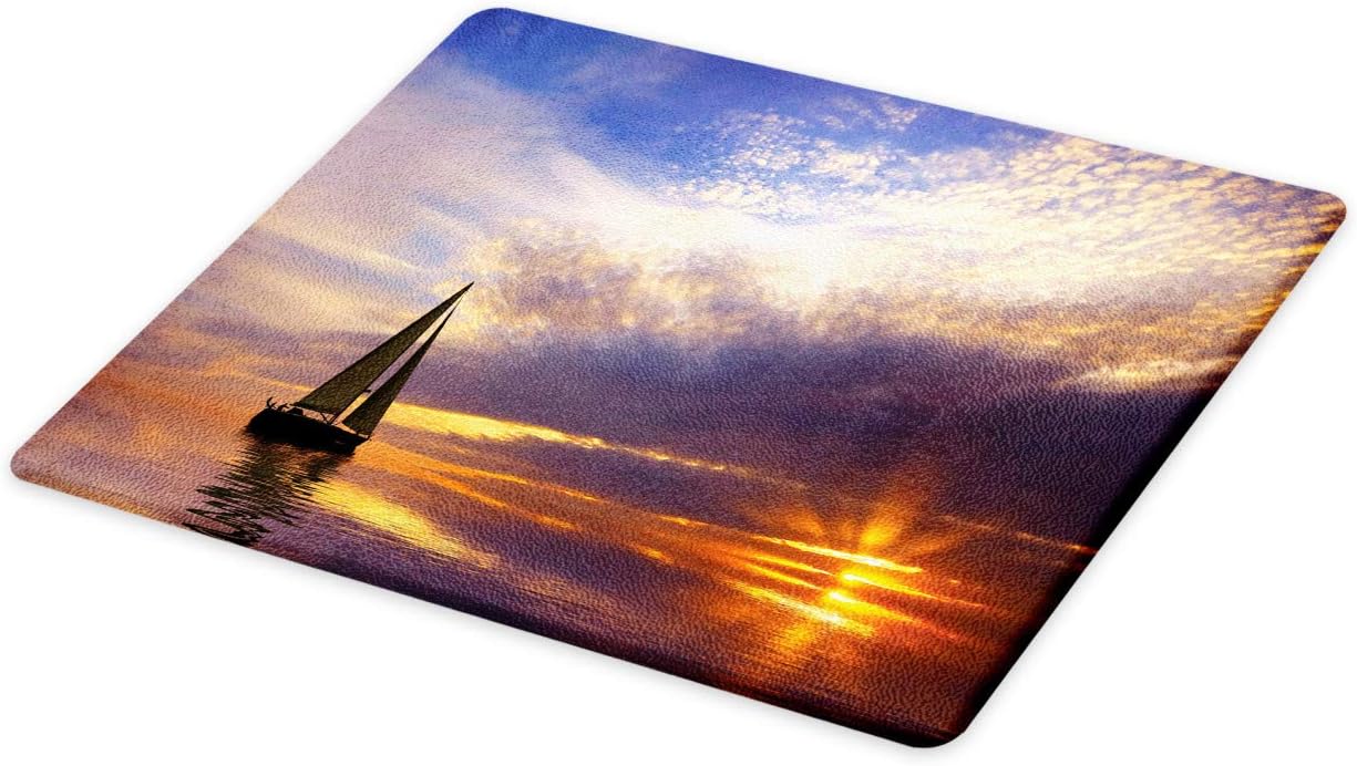 Ambesonne Sailboat Cutting Board, Sailing with Sunset Sunbeams on the Horizon Romance Honeymoon Destination, Decorative Tempered Glass Cutting and Serving Board, Large Size, Marigold Bluegrey