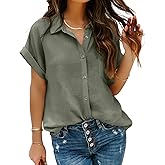 Pausus Women Chiffon Button Down Shirts with Pocket Short Sleeve Office Blouses V Neck Casual Business Tops Slim Fit Shirts