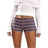 SOLY HUX Women's Knit Micro Shorts Striped Y2k Low Rise Booty Mini Shorts Color Block Strechy Loungewear Purple Pink Stripe Small