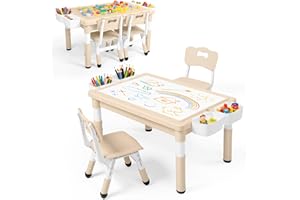 Kinder King Kids Table & 2 Chairs Set, Height Adjustable Children Activity Table w/Storage, Graffiti & Building Blocks Tabletop, Toddler Furniture Set for Classroom, Daycare, Home, Age 3+, Khaki