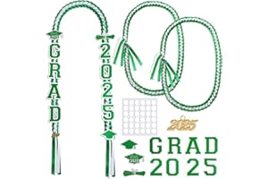 Yinkin Graduation Ribbon Leis Set Class of 2025 Handmade Double Braided Necklace Adjustable Includes Silk Leis Grad Cutouts 2025 Pendant for Graduation Party Accessories(Green, White)