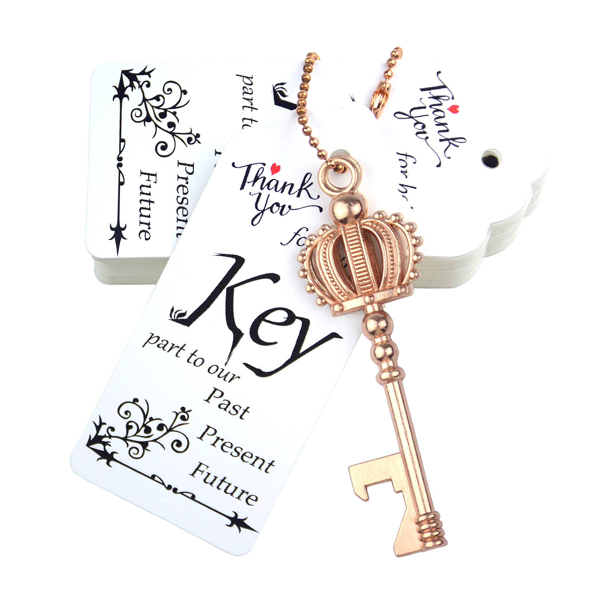 Aokbean 52 pcs Crown Key Bottle Opener with Tag and Keychain,Vintage Skeleton Key Bottle Opener for Wedding Party Favors (Rose Gold)