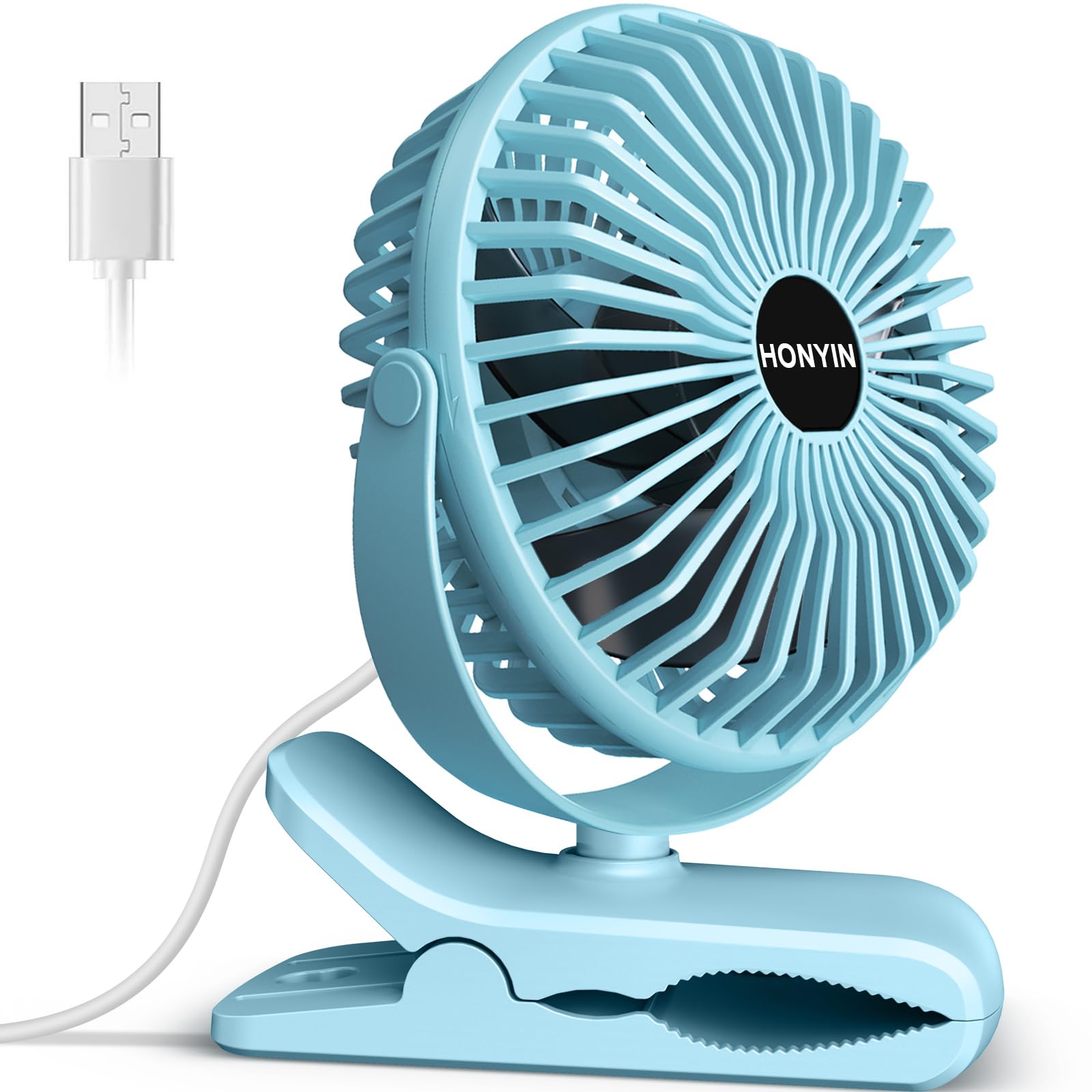 HONYIN Mini USB Clip Fan, Clip and Desk Personal Fan with Sturdy Clamp, 720° Rotation, 3 Speeds Cooling Wind by USB Plug In, for Home, Office and Desk