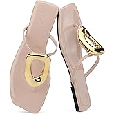 Womens Flat Sandals Square Comfortable Flip Flops Slide Summer Beach Shoes with Metal Decoration