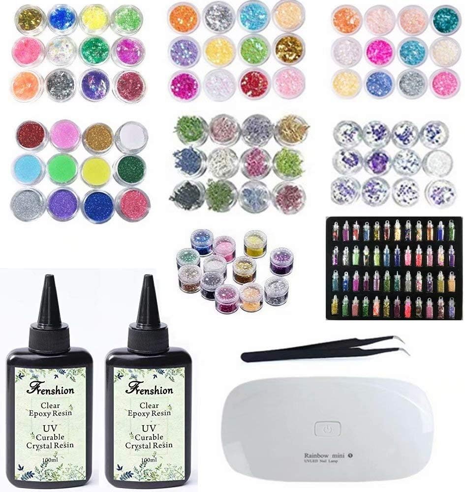 2X100ML Crystal Clear Transparent Epoxy Resin UV-led Resin, 132 Pcs Decoration with Tweezer, and Portable Mini UV LED Lamp