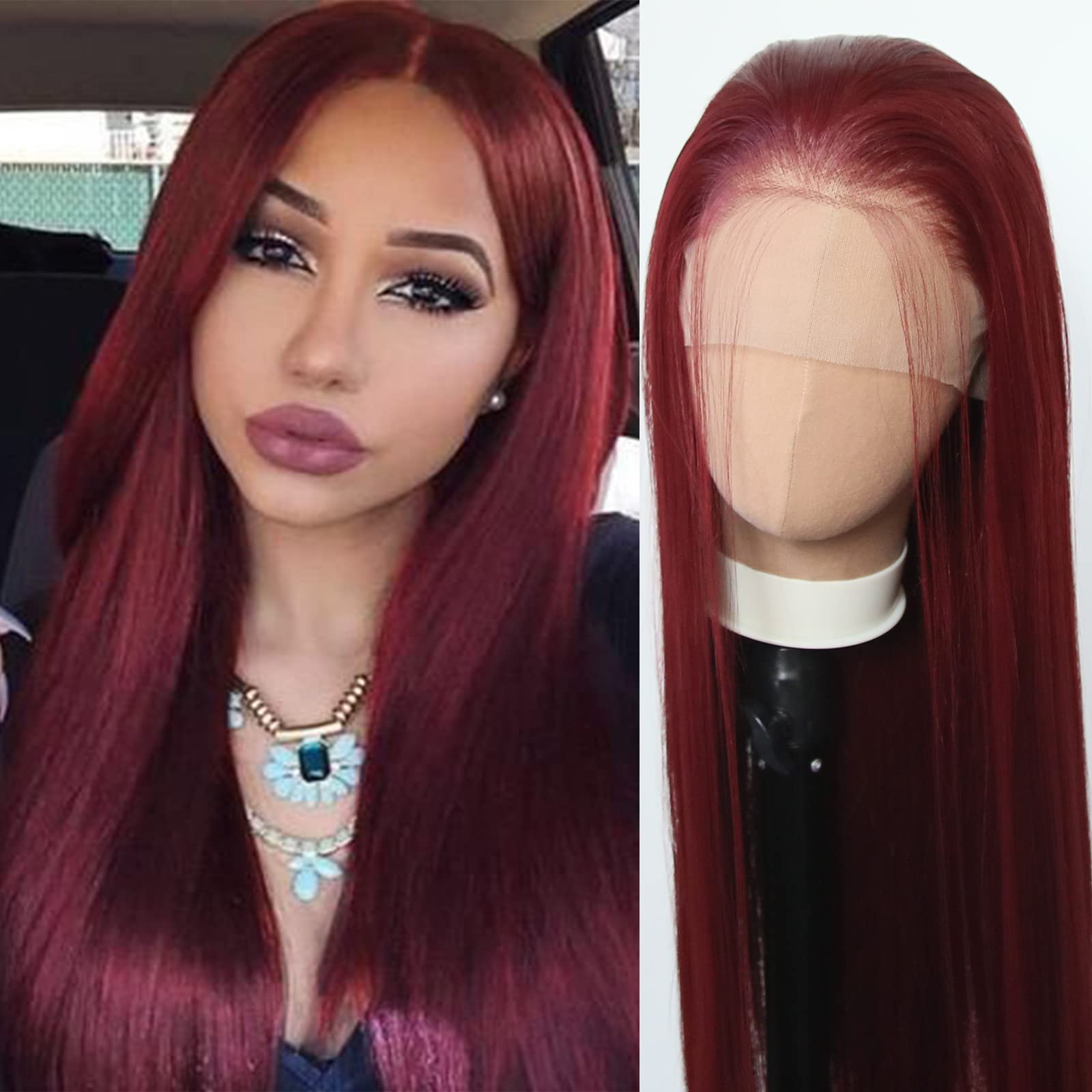 Towarm Burgundy Wig: Long Straight Synthetic Lace Front Wig for Women - Wine Red, Pre-Plucked Natural Hairline with Baby Hair - Cosplay & Daily Wear
