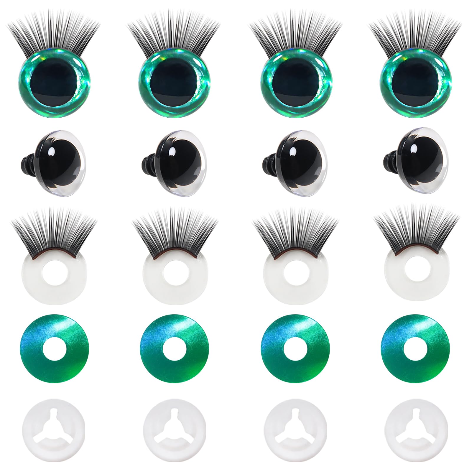 TOAOB 4 Sets Plastic Safety Eyes 25mm Glitter Safety Eyes with Washers and Black Eyelashes for Amigurumis Green Craft Crochet Eyes for DIY Puppet Bear Stuffed Animal Doll Making
