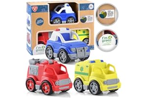 PLAY Eco-Friendly 3 in 1 Emergency Vehicle Toy Set, [USDA Certified] No BPA/Phthalate/PVC, Recycled Bioplastic Rescue Vehicle with Fire Truck, Police Car & Ambulance Toy