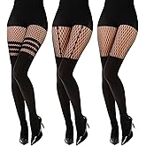 scenicamp 3 Pairs Faux Thigh High Fishnet Stockings for Women, Black Opaque Suspender Striped Pantyhose for Women Valentine Costume