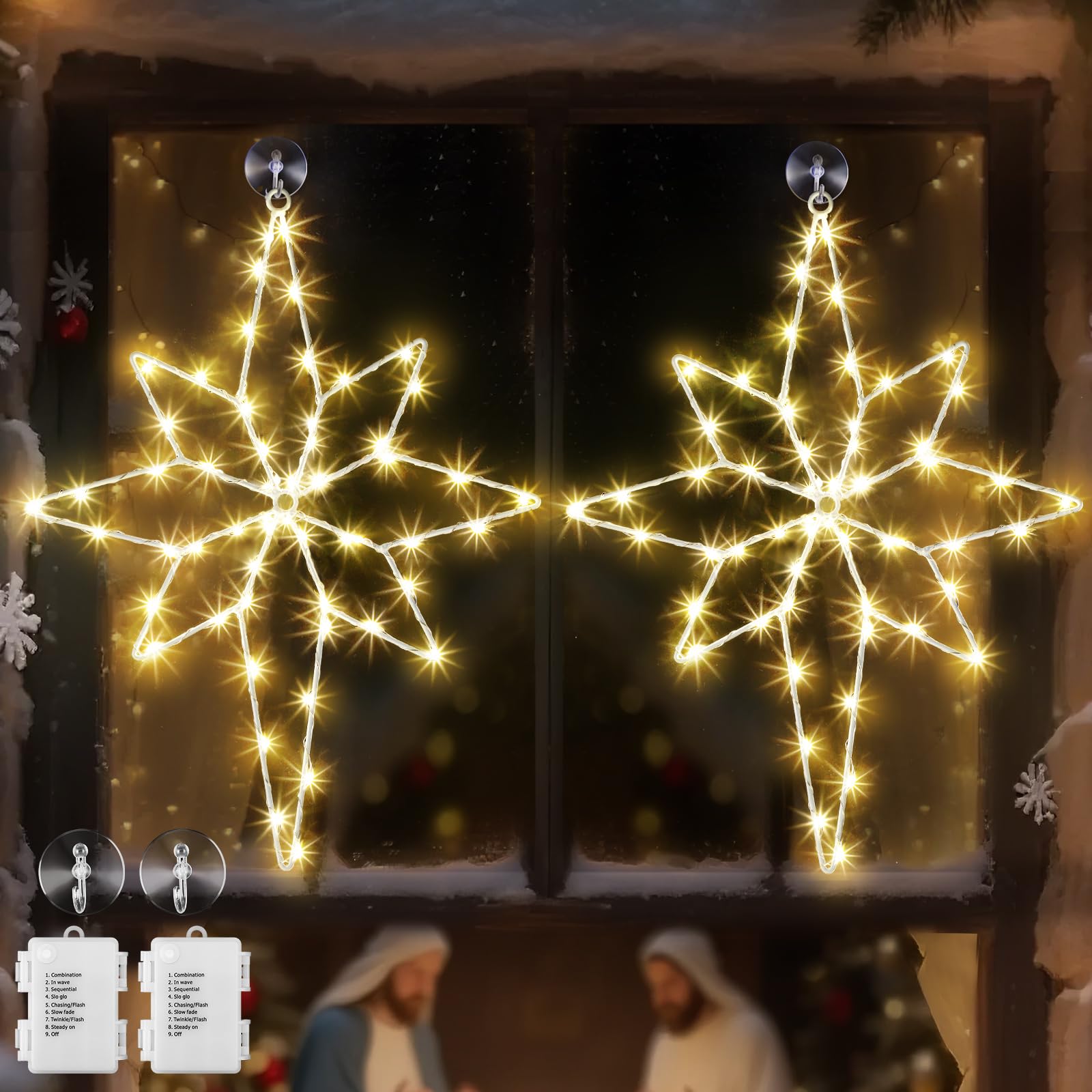 Photo 1 of 2 Pack 16 Large Christmas Window Light Decorations, LED Bethlehem Christmas Star Window Silhouette Lights with Timer, 8 Models, Iron Frame, Battery Operated Lighted Xmas Star Decors (Warm White)