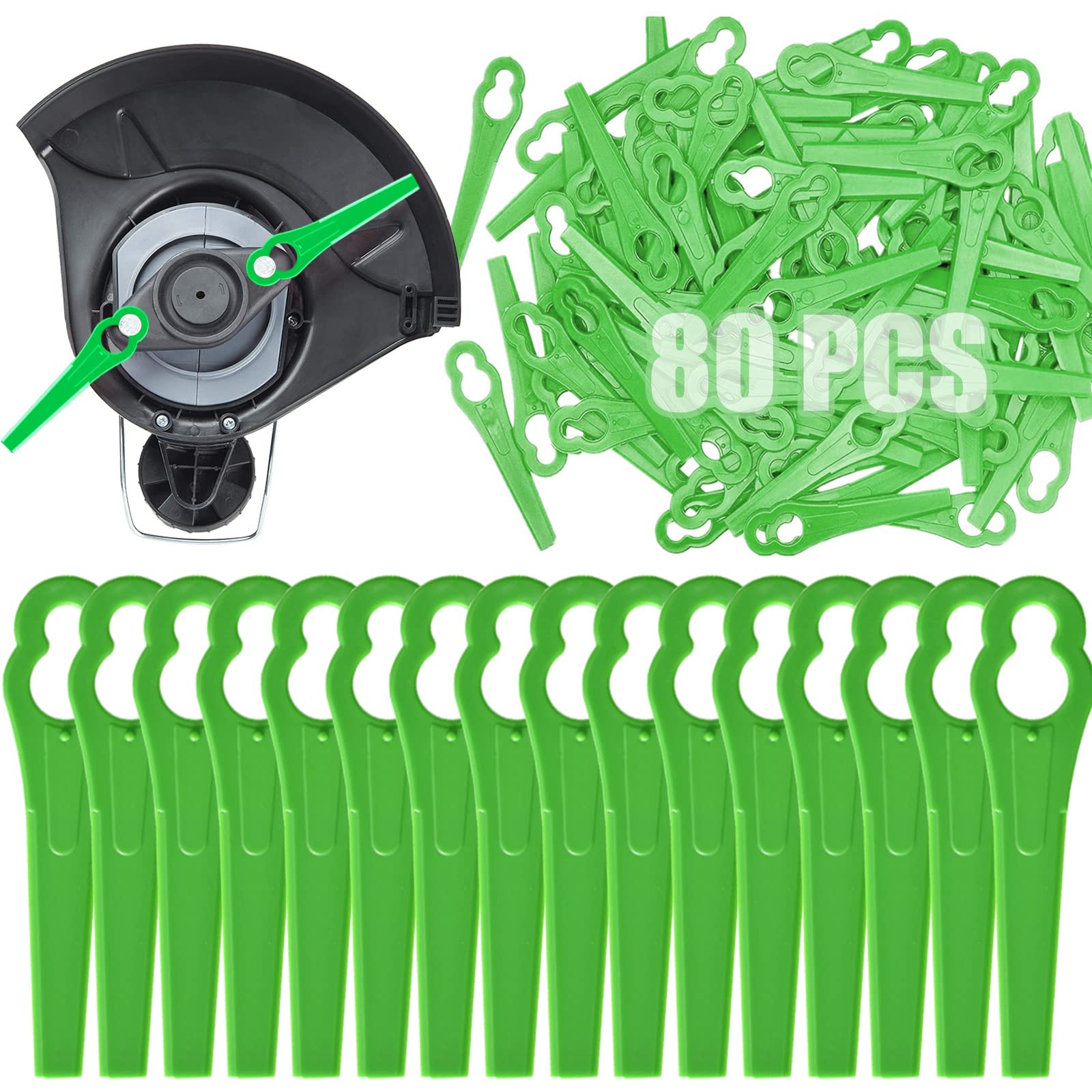 Beamely 80 Pcs Grass Trimmer Replacement Blades, 83 mm Plastic Garden Mower Blades Cordless Lawn Mower Cutting Blades Lawn Strimmer Accessories Tool for Swift Ryobi VonHaus Grass Strimmer-Green — image 1