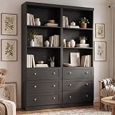 Cyclysio 80" Bookshelf with 3 Drawers and Baseboard Cutout, Set of 2 | Tall Bookcase with Adjustable Shelves and Thickened Top Panel, Tall Storage Cabinet for Home Office, Living Room