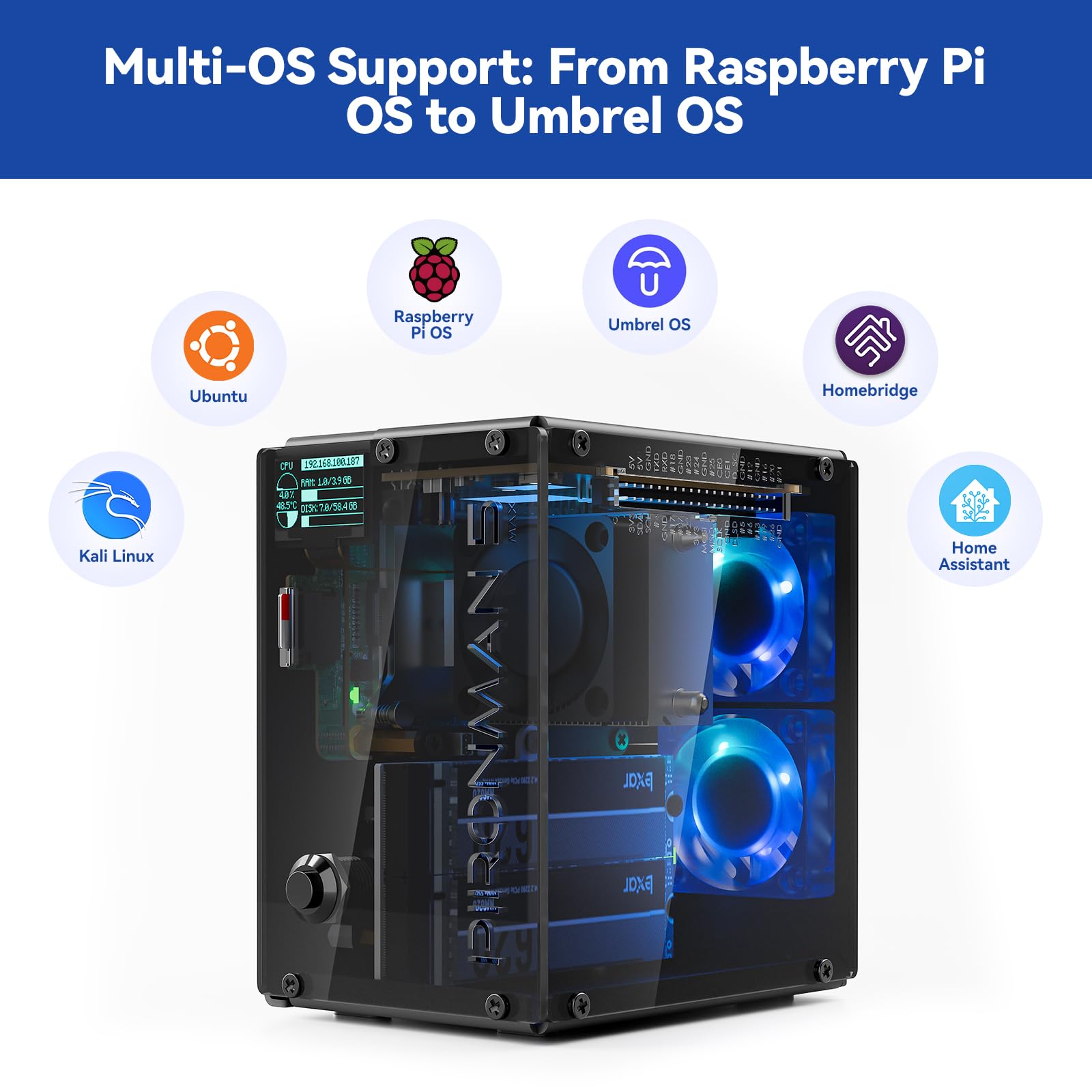 Pironman 5-MAX Dual NVMe M.2 SSD PCIe PC Case for Raspberry Pi 5 NAS RAID 0/1 Hailo-8L AI Accelerator PWM Tower Cooler+Dual RGB Fans, 0.96