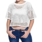 CLOZOZ Women's Mesh Crop Top See Through Fishnet Shirt Crew Neck Sheer Cover Up