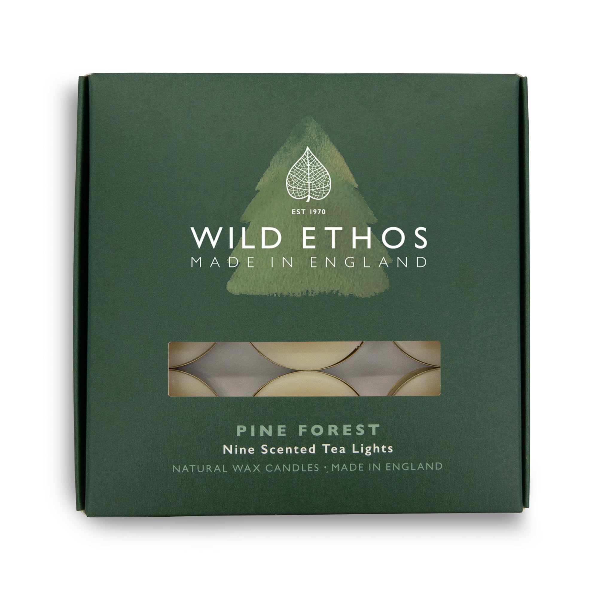 Wild Ethos Scented Tea Lights - Natural Wax - Long Lasting & Blended Natural Essential Oils - Pack of 9 - Made in The UK - Select Your Scent (Pine Forest)