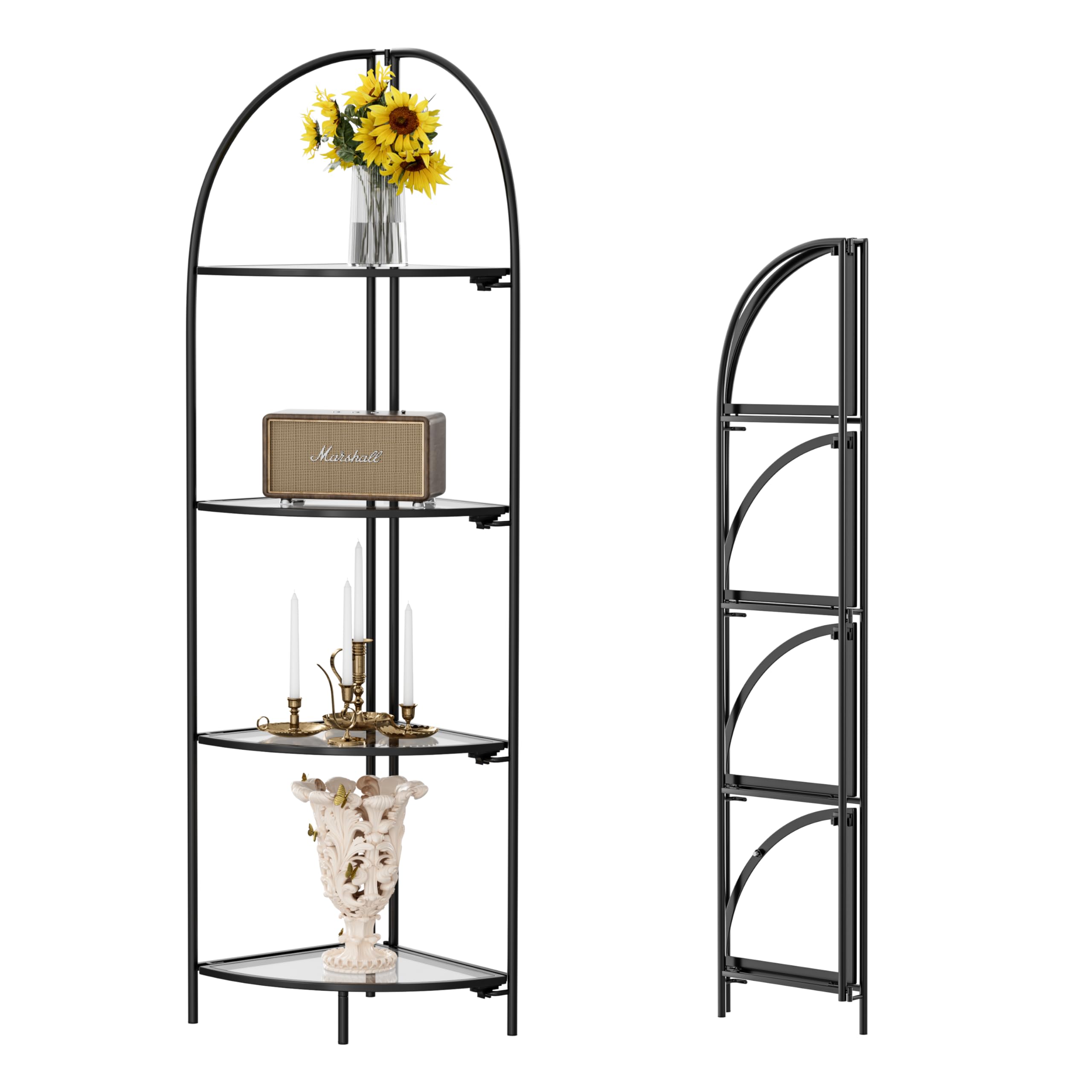Photo 1 of Crofy Foldable 4 Tier Corner Shelf, Metal Corner Plant Stand with Black Frame and Transparent Shelves, Corner Display Rack Multipurpose Shelving Unit for Living Room, Bedroom, Bathroom