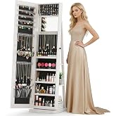 Bextsrack 360&deg; Swivel Jewelry Armoire with Full-Length Mirror, Lockable Standing Jewelry Organizer Cabinet with Interior Mirror &amp; Rear Storage Shelves, 65" Floor Mirror Jewelry Storage (White)