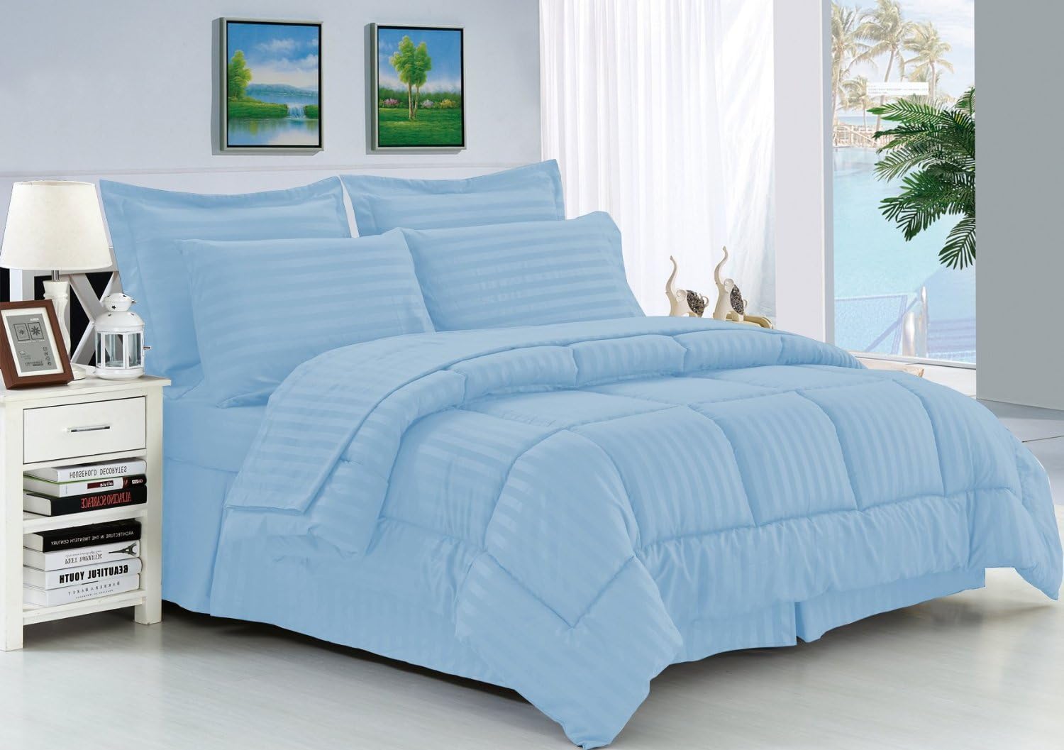 Elegant Comfort Wrinkle Resistant - Silky Soft Dobby Stripe Bed-in-a-Bag 8-Piece Comforter Set -HypoAllergenic - King Grey: Home & Kitchen