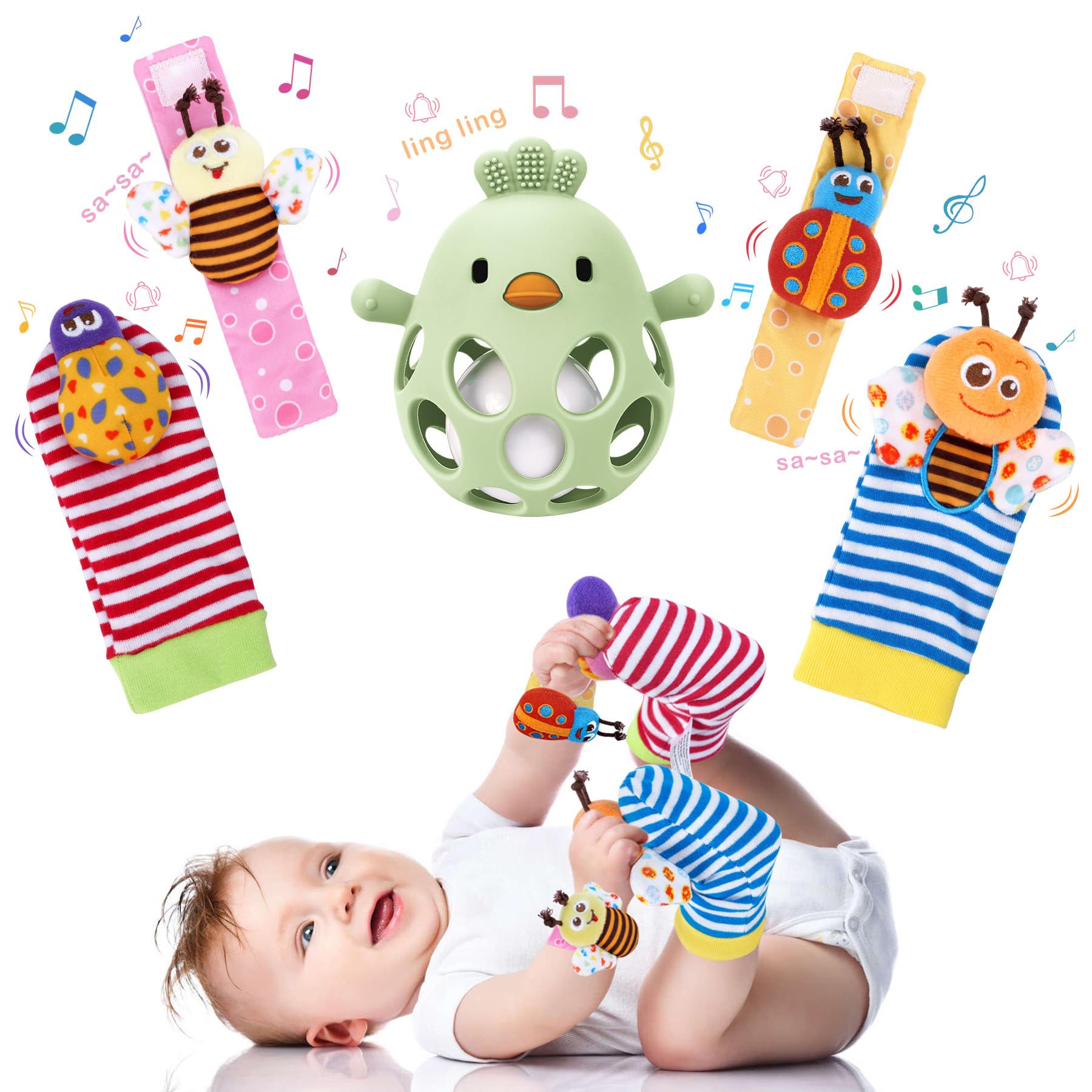 Photo 1 of MCGMITT Baby Rattles 0-6 Months, Soft Infant Wrist Rattle Socks and Foot Finder Set, Easy Grasp Silicone Baby Teething Toy, Baby Montessori Sensory Toy for Newborn Boys and Girls Shower Gifts
