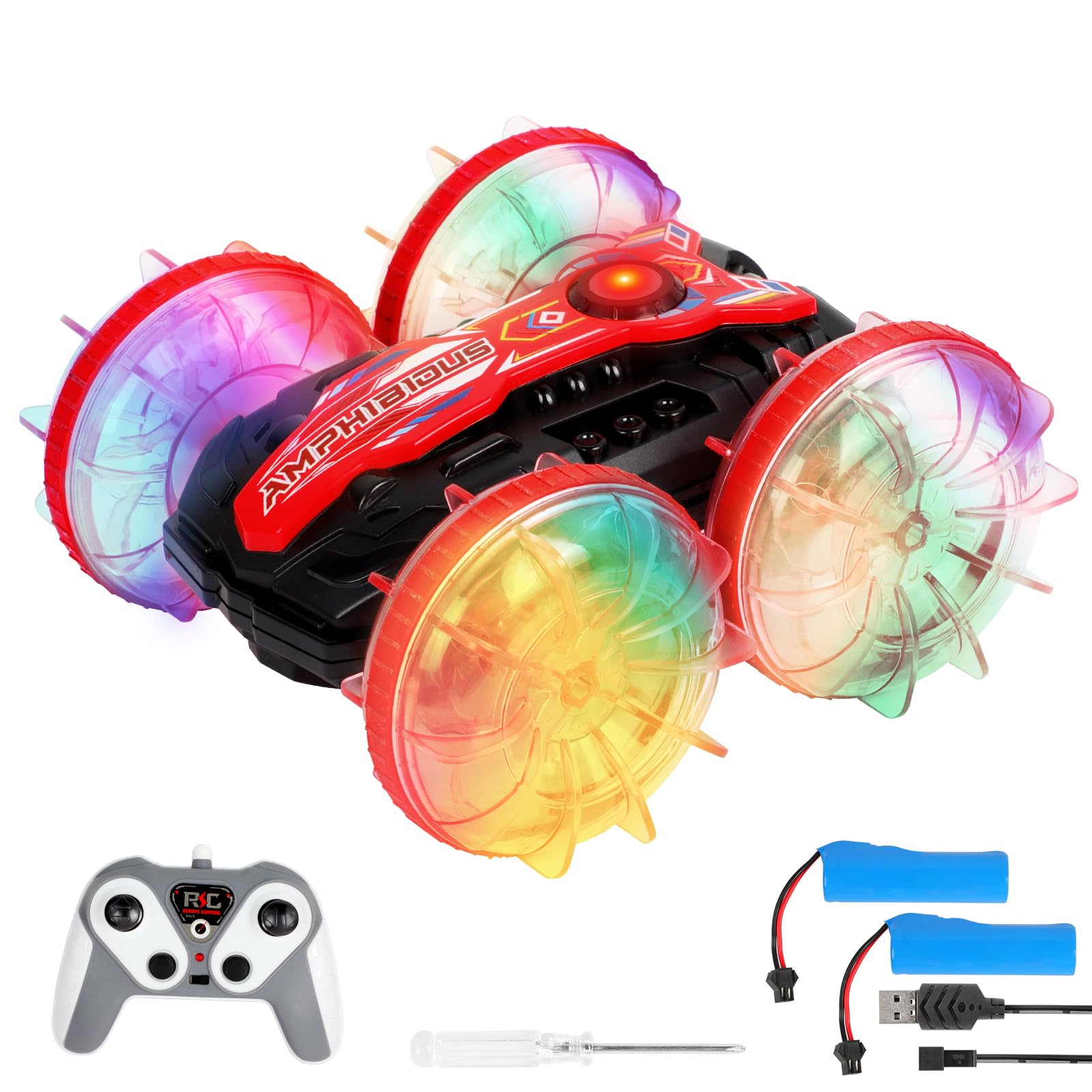 PopuLike Amphibious Remote Control Cars, 4WD Waterproof RC Stunt Car for 3-12 Years Old Boys Girls, 360° Flips Monster Truck with LED Light and 2 Batteries for Birthday Presents Gifts