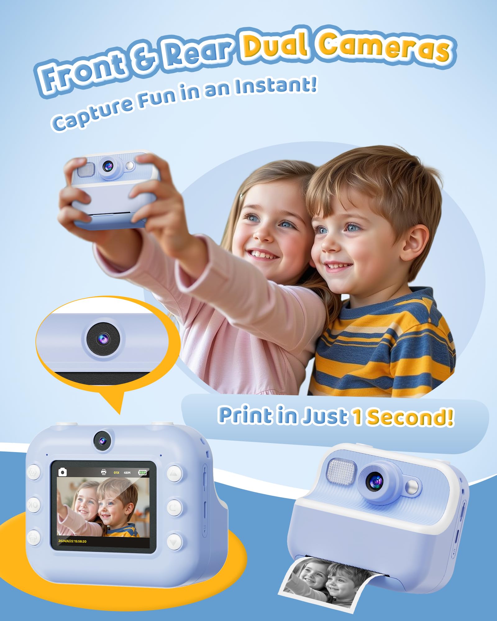 Instant Camera, Front Rear Dual Selfie Kids Camera with 1080P Videos, Holiday Birthday Gifts for Kids Age 3-12, Toddler Portable Travel Print Digital Camera Toy for 4 5 6 7 8 9 Year Boys Girls