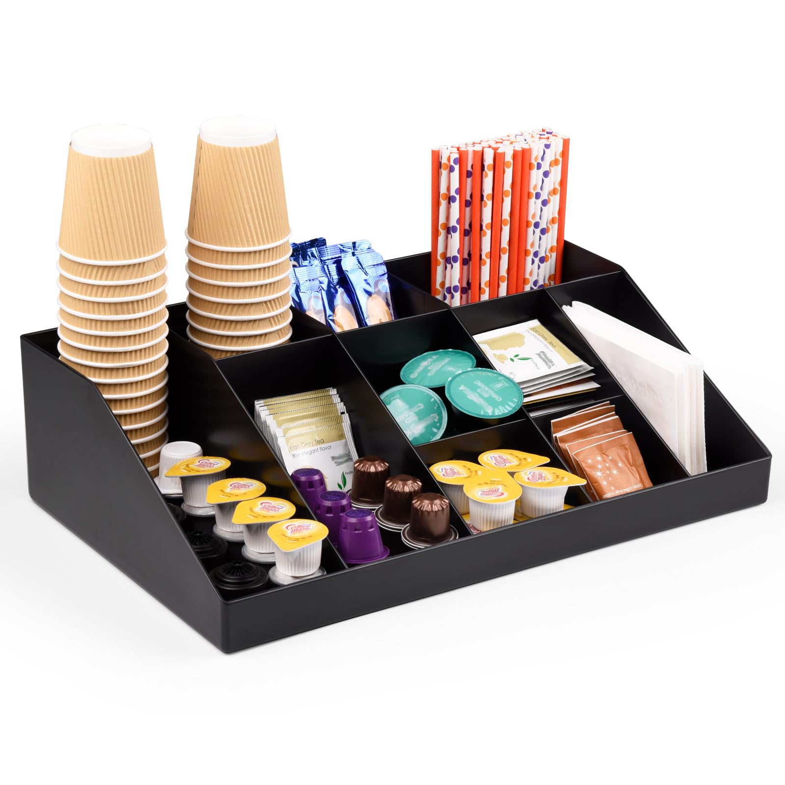 Photo 1 of SZQINJI Coffee Condiment Organizer Holder 10-Compartment Break Room Coffee Condiment Caddy Cup Storage Holder Black