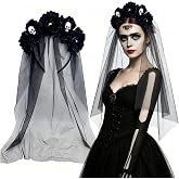 SHEPAILAI Gothic Rose Floral Skull Crown Headpiece with Veil, Day of the Dead Flower Headband Halloween Cosplay Costume Hair Accessories for Women