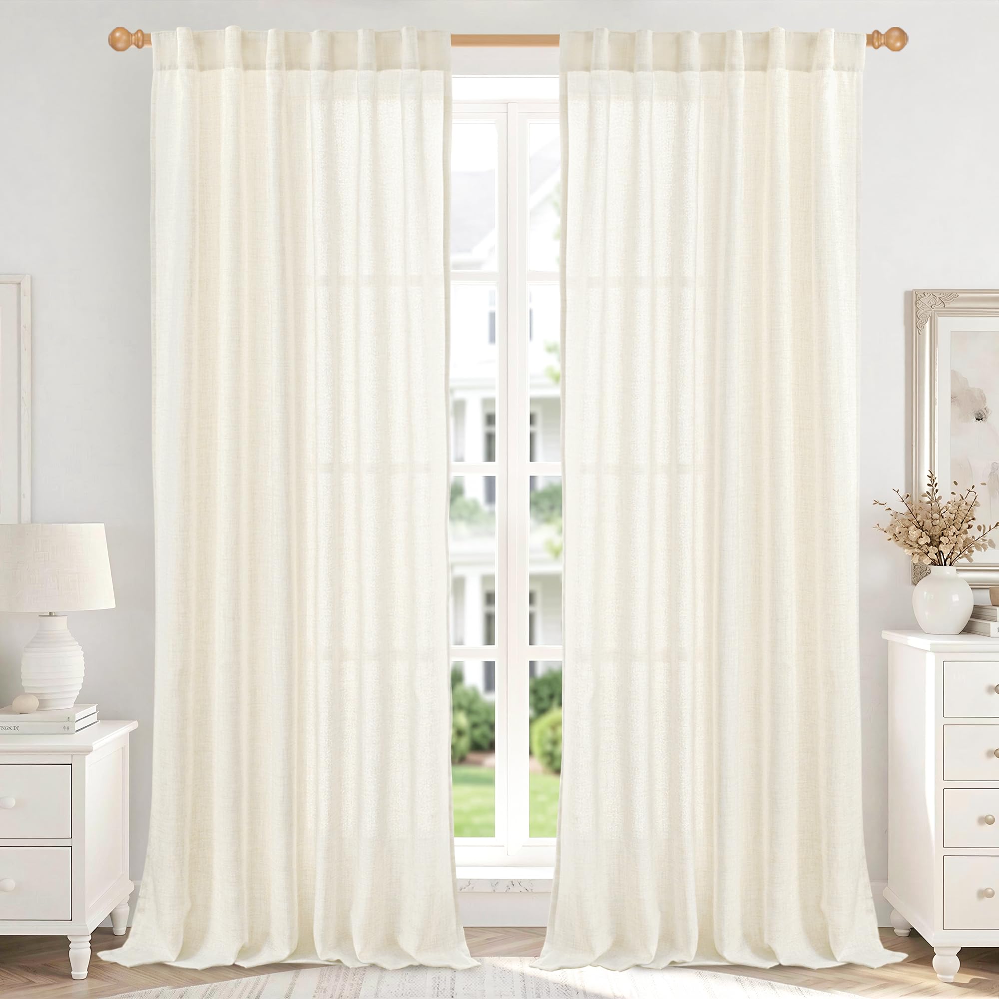 YoungsTex Ivory Linen Curtains 84 Inch Length for Living Room, Light Filtering Drapes with Rod Pocket Back Tab Rustic Semi Sheer for Country Bedroom Window, 2 Panels, 52 X 84 Inch Image