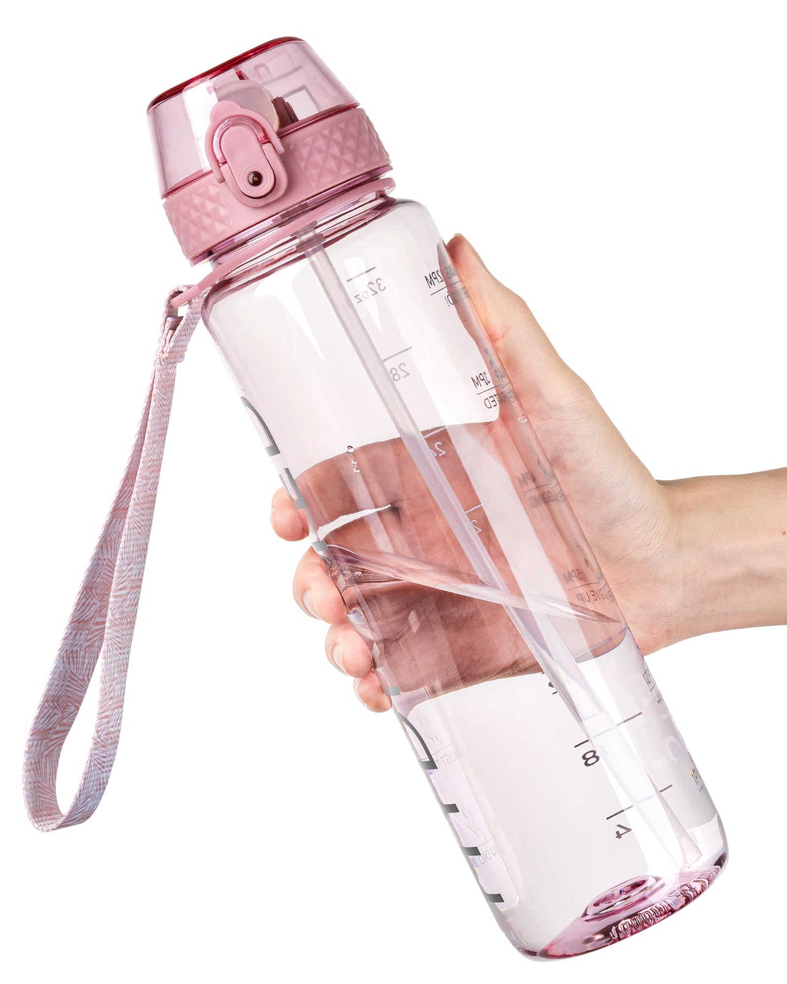 OLDLEY 1L Sports Water Bottle with Straw, Tritan 1 Litre Motivational Drink Bottle, BPA Free Leakproof Transparent Water Bottle with Time Marker for Cycling, School, Gym, Outdoor (Pink)