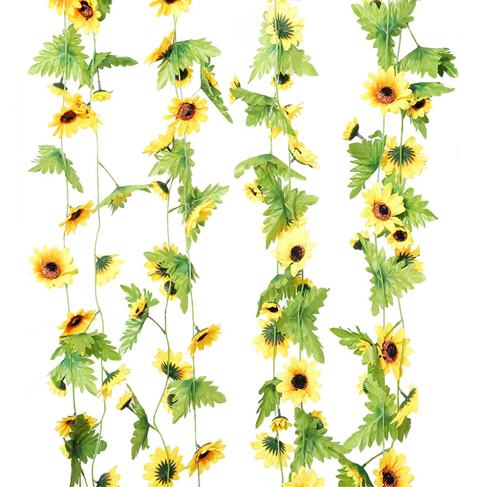LESHABAYER Artificial Silk 7.9Ft Sunflower Vine Rattan 28 Flower Heads Cane Garland Wall Hang Plant Wedding Party Home Garden Room Balcony Decoration,Pack of 4 (Flower vine#2)