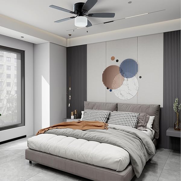FANSHAIN 42″ PULL CHAIN CEILING FAN: TRADITIONAL FLUSH MOUNT CEILING FAN WITH LIGHT – LED BULB – DUAL FINISH BLADES – REVERSIBLE FUNCTION FOR BEDROOM – BLACK