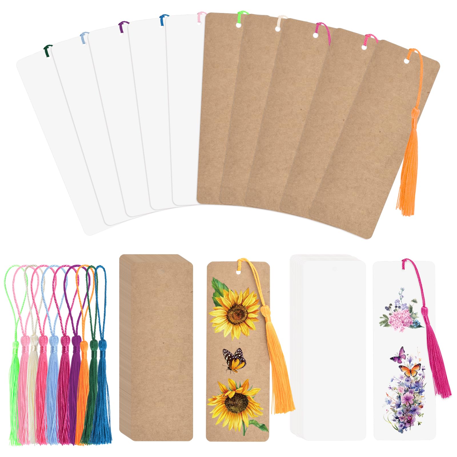 WANDIC Bookmark Making Kit,60 Set White & Brown Blank Paper Bookmarks with Colorful Tassels Readers Book Markers DIY Book Mark for Handmake Projects